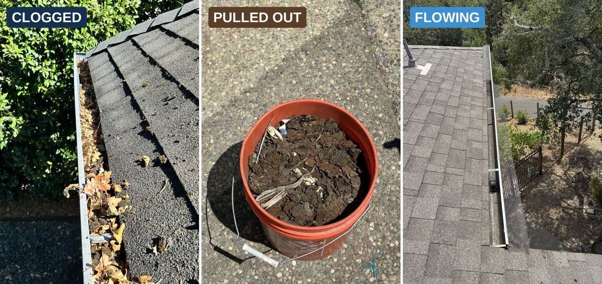 Clogged gutter, bucket of debris, and clean flowing gutter
