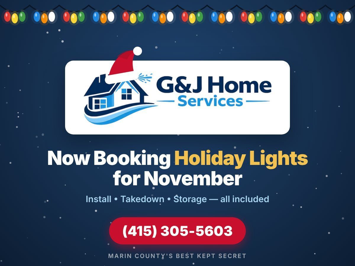 G&J Home Services logo with a Santa hat, booking holiday lights