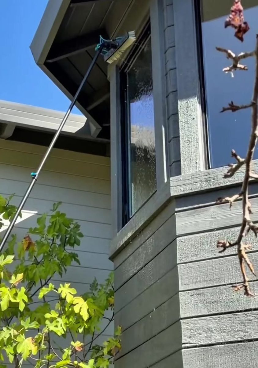 G&J tech cleaning second-story windows with a water-fed pole