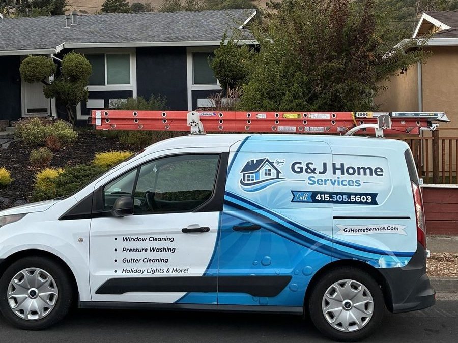 The wrapped G&J Home Services van at a Marin job